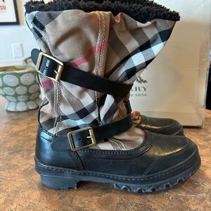Burberry Black Leather & Beige Plaid Shearling-Trim Boots